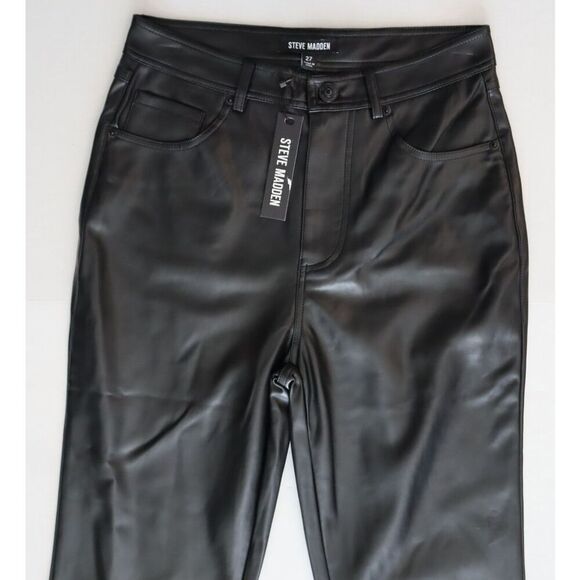 Steve Madden Women Sz 27 Black PU Leather Loren Mid-Rise Straight Leg Pants - Picture 6 of 11